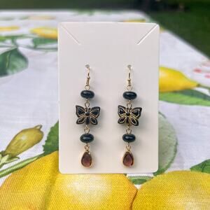 Butterfly Garnet Wine Red Crystal Glass Onyx Obsidian Bug Boho Beaded Earrings